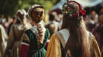 Medieval festival costumes featuring authentic designs and intricate details worn by fair participants