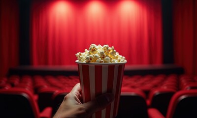 Hand holding popcorn bucket in empty cinema hall with red seats and curtain, ready for movie night ambiance and cinematic experience