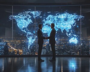 Business Leaders Shaking Hands with Digital World Map in Modern Office Background