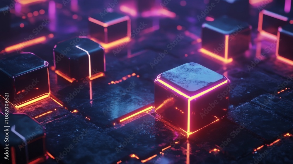 Leinwandbilder futuristic abstract background of glowing neon cubes on a dark surface with a mysterious and high-te