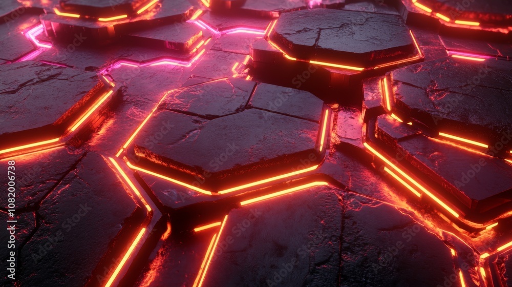 Poster Futuristic Neon Hexagonal Patterns on a Textured Surface Highlighted by Vibrant Pink and Orange Glowing Lights in a Digital Matrix Environment