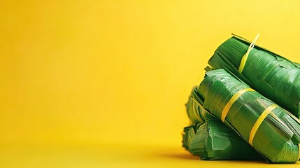 Bundles of green leaves against a bright yellow background.
