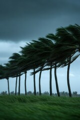 Strong winds bend palm trees during a hurricane in a coastal area