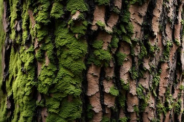 Forest bark a close-up texture of tree bark with deep grooves rough patches and a mix of dark bro, AI Generated