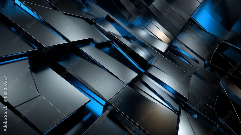 Poster abstract geometric background of dark metallic panels with blue light reflections creating an artist