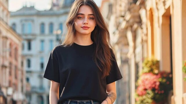 Blank black t-shirt mockup on a young woman in urban setting, fashion design template.