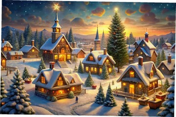 a christmas card with a house and a christmas tree with lights