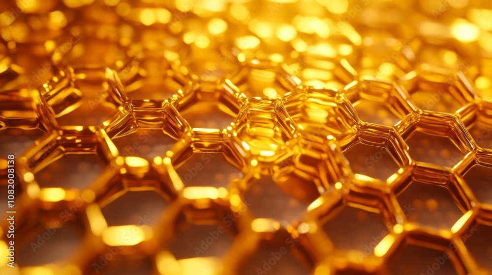 Poster stunning close-up of metallic honeycomb structure glimmering in golden light, perfect for abstract a