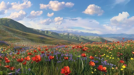 Vibrant Flower Field with Scenic Mountain Background