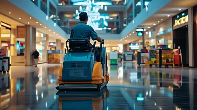 A maintenance worker operates a floor scrubber in a busy shopping mall during the day to ensure cleanliness and hygiene