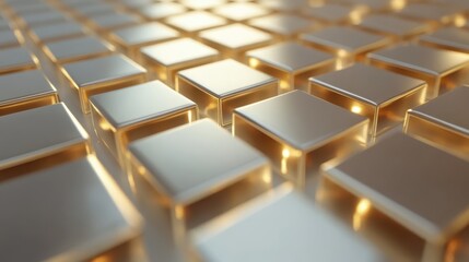 A grid of metallic geometric shapes in gold and silver, forming a modern, stylish pattern.