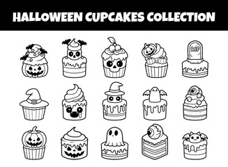 Halloween cupcakes outline sketch vector illustration set