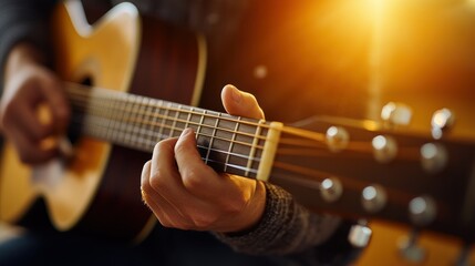 Fototapeta premium Close-up of a Hand Playing an Acoustic Guitar