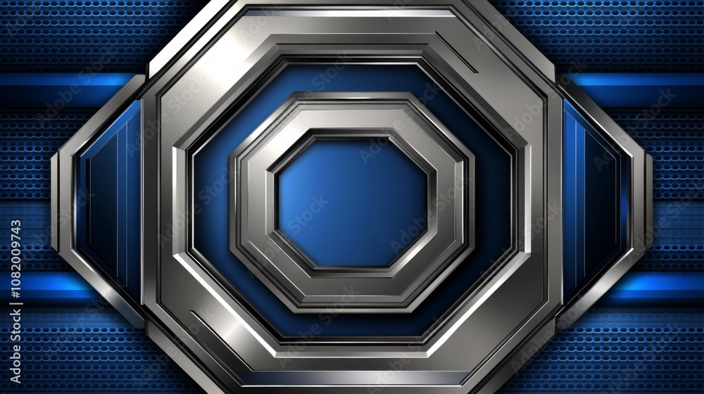 Poster Metallic Hexagonal Design on Blue Background with Textured Elements for Modern Graphic Projects and Website Backgrounds, Ideal for Technology and Abstract Themes