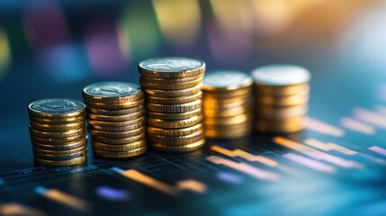 Stacks of gold coins on a vibrant background representing financial growth and investment opportunities in a digital economy.