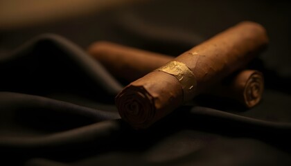 Fototapeta premium cigar with a tightly rolled body, placed on a black satin cloth, with faint reflections enhancing its shape create with ai