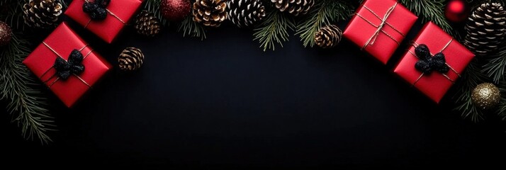 Fototapeta premium Christmast border with gift and decoration on black background wit copy space. Decorated border for winter holidays.