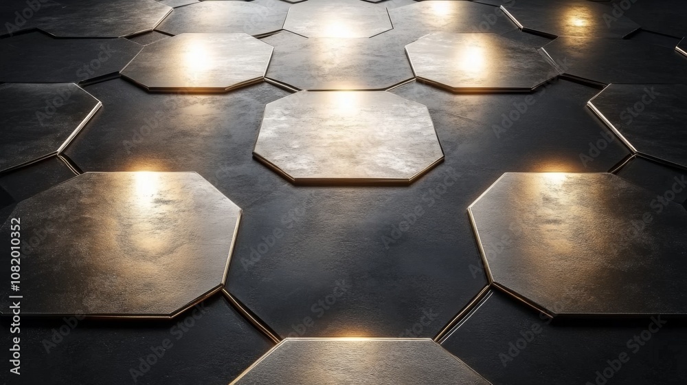 Poster Contemporary Interior Design Featuring Hexagonal Tiles with Ambient Lighting in a Stylish Underground Setting for Modern Aesthetics and Artistic Inspiration