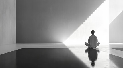 Obraz premium A lonely figure in a hazy minimalist landscape: a conceptual photograph of loneliness and reflection, symbolizing the path, isolation and tranquility