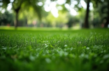 Naklejka premium Lush Green Grass Carpet with Soft Focus Background of Trees and Nature in a Peaceful Park Setting Ideal for Relaxation and Outdoor Activities