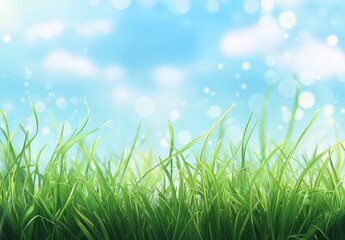 Lush Green Grass with a Bright Blue Sky and Soft Bokeh Highlights for a Fresh and Vibrant Nature Background