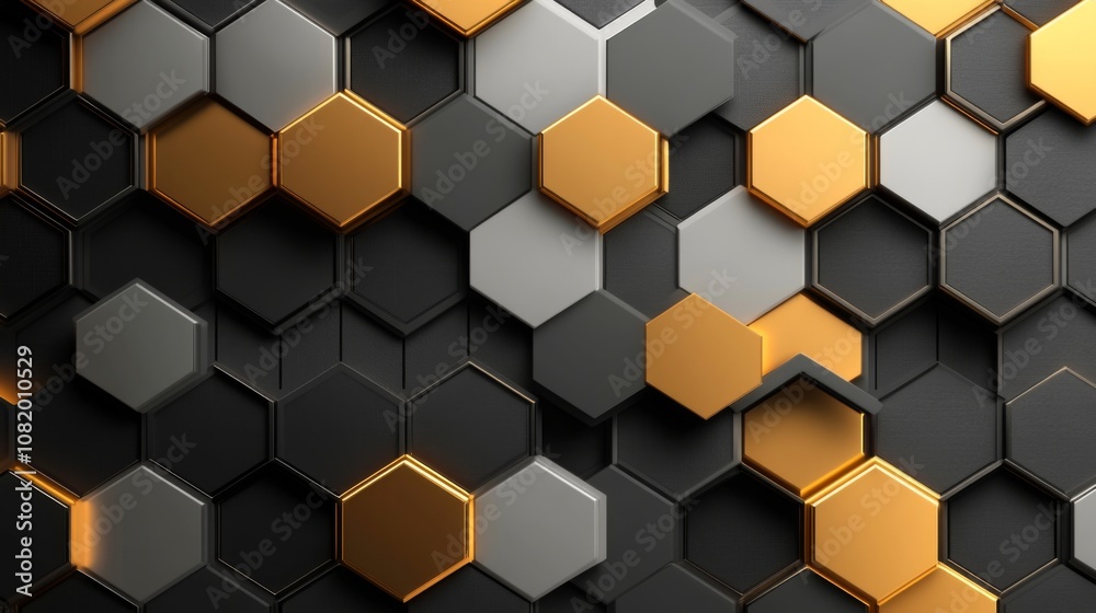 Leinwandbilder Abstract hexagonal pattern with metallic textures and contrasting colors creating an intricate design that emphasizes modernity and sophistication in digital art.