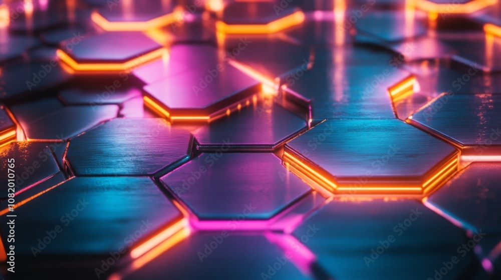 Aufkleber futuristic hexagonal pattern with vibrant neon lights and reflections on a sleek surface, perfect fo