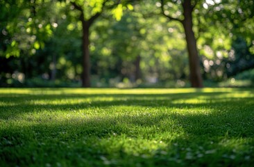 Fototapeta premium Lush Green Grass Under Trees in a Sunlit Park, Natural Background Showing Soft Shadows and Vibrant Foliage, Perfect for Scenic Outdoor Themes and Relaxation Imagery