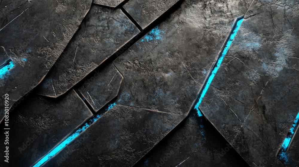 Poster Abstract close-up of a futuristic metallic surface with geometric patterns and glowing blue lines, perfect for technology and sci-fi themes in design projects.
