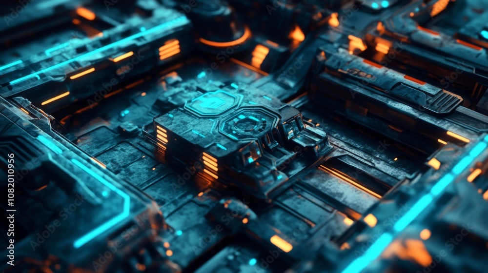 Poster Futuristic Cyberpunk Abstract Background with Glowing Elements, High-Tech Structure Featuring Blue and Orange Highlights in a Dark Metallic Environment
