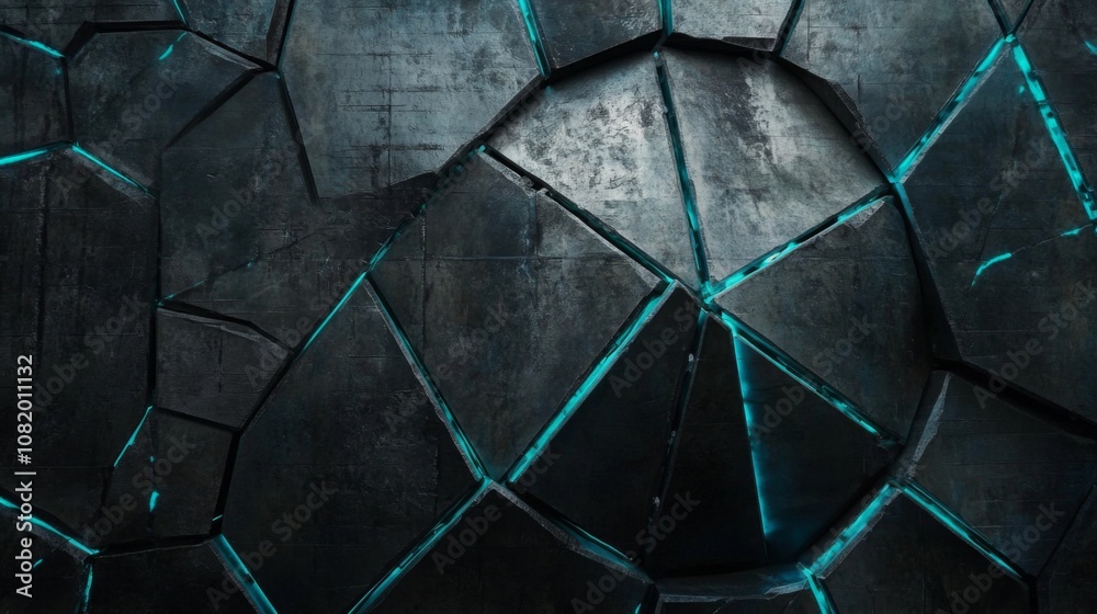 Poster abstract texture of dark gray cracked surface with glowing blue accents for futuristic and sci-fi de