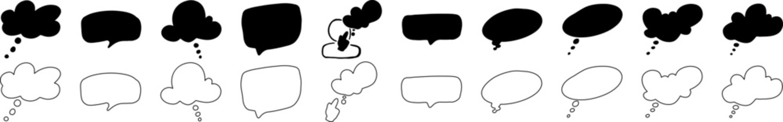 A set of various thought and speech bubble illustrations in both black solid and white outline styles, displayed in a horizontal row. Ideal for comics, graphic design, and brainstorming visuals.