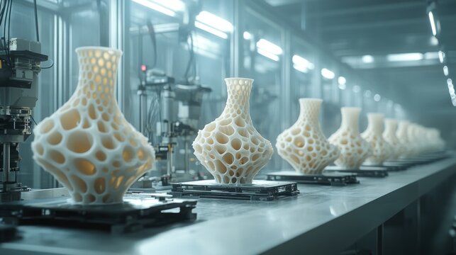 3D printers manufacturing mechanical parts in a futuristic workshop, layers forming intricate designs, advanced industrial innovation