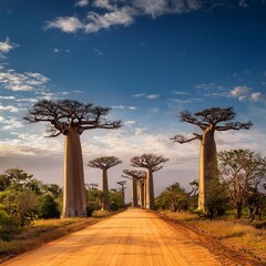 Fototapeta premium The Towering Baobab Trees of Madagascar's Avenue of the Baobabs, Set Against a Backdrop of Dramatic African Skies, Offering a Unique Glimpse Into the Country's Iconic Flora and Scenery