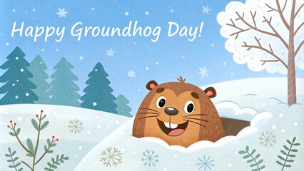Cheerful groundhog playing in snowy winter scene for groundhog day
