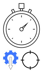 Stopwatch with single hand pointing at 3, blue gear icon with down arrow, and round target icon. Ideal for time tracking, productivity, goal setting, efficiency, process optimization, project