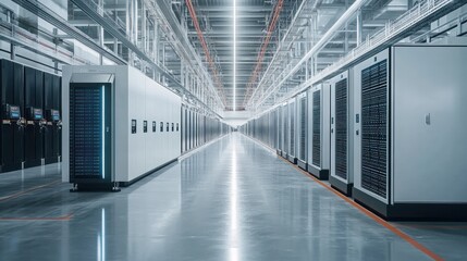 Obraz premium Advanced energy storage facility with large battery banks sleek rows of batteries, digital monitoring systems, futuristic industrial design, high-tech energy management