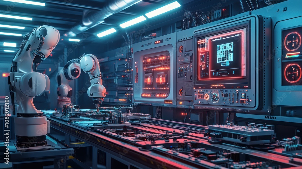 Poster advanced robots assembling electronic devices robotic precision, clean modern workshop, automated pr