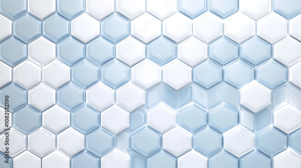 Poster modern hexagon tile pattern in soft blue and white shades, featuring glossy surface, ideal for conte