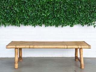 Fototapeta premium A simple bamboo bench against a green leafy backdrop, showcasing a natural and minimalist design ideal for outdoor or indoor spaces.