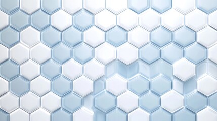 Fototapeta premium Modern Hexagon Tile Pattern in Soft Blue and White Shades, Featuring Glossy Surface, Ideal for Contemporary Designs, Backgrounds, and Interior Decor Projects