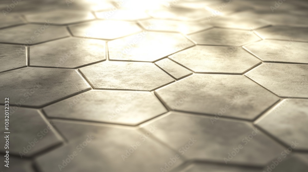 Poster Beautifully Illuminated Hexagonal Tile Pattern on a Floor Surface, Capturing Natural Light Reflection and Soft Shadows in a Minimalist Design