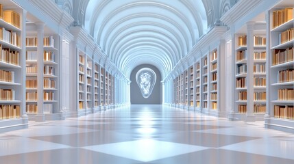 Majestic Library Hallway with Arched Ceilings and Illuminated Bookcases in Pristine White