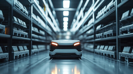 AI-powered automated warehouse with drones moving goods autonomously, digital inventory systems, organized and efficient logistics flow