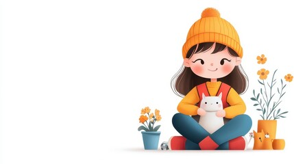 A cheerful girl in a cozy hat cuddles a cat among vibrant flowers, embodying warmth and joy in a bright setting.