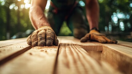 A close-up of a worker's hands using wooden planks in a workshop, showcasing craftsmanship and dedication to woodwork.