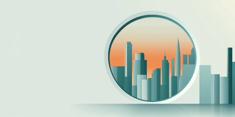 Fototapeta premium Modern Cityscape Through Circular Window with Pastel Sky Backdrop