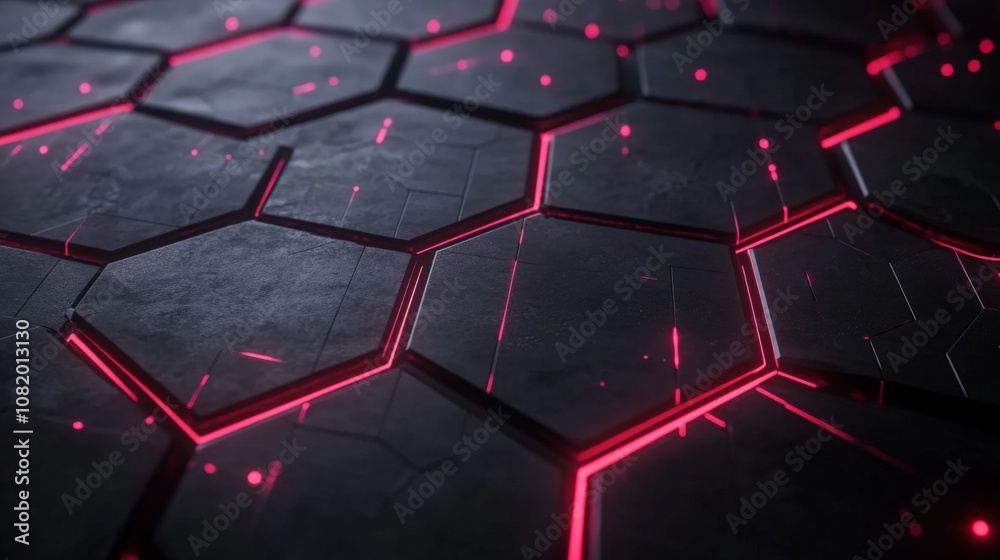 Poster Futuristic Technology Background with Glowing Neon Highlights on Hexagonal Shapes, Ideal for Science Fiction and Modern Design Projects