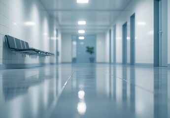 Obraz premium Serene and Modern Hospital Corridor with Reflective Flooring, Minimalist Design, and Soft Lighting Creating a Calm Atmosphere for Patients and Visitors