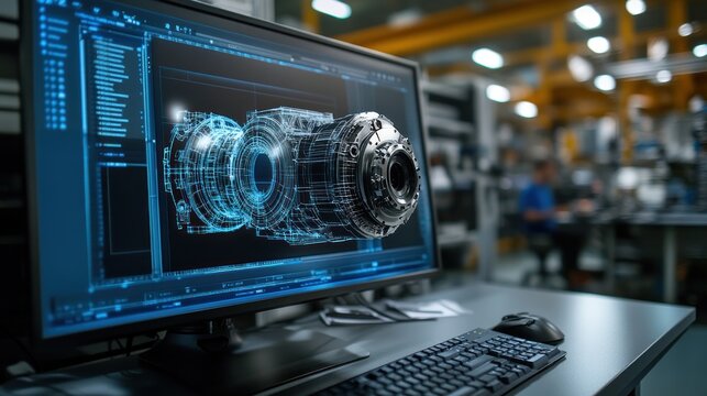 Close-up of 3D modeling software on a computer screen showcasing product prototypes, vibrant industrial design process, high-tech environment